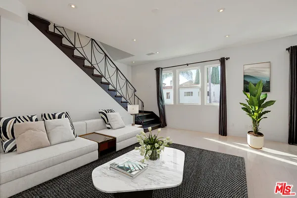 a living room with furniture potted plant and a window