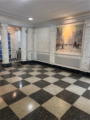 a view of a black and white checkered floor