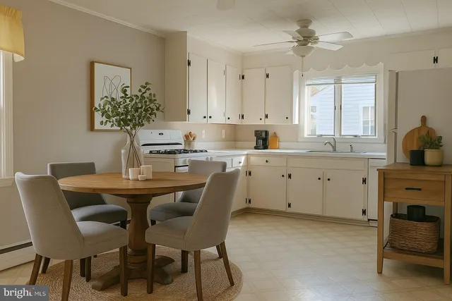 a dining room with furniture and window