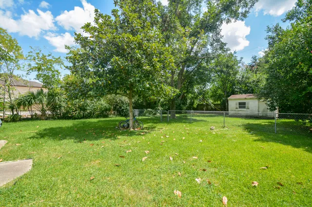 a swimming pool with lots of tress in front of it