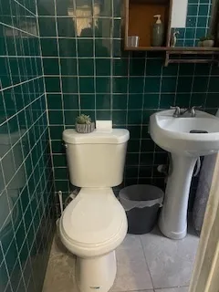a white toilet sitting next to a bathroom sink