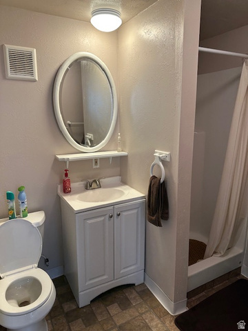 1454 East Little Sweden Road Heber City, UT 84032 - Photo 28 of 35 Bathroom featuring vanity, a shower stall, a textured wall, and stone finish flooring