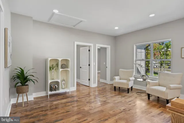 a living room with furniture and a potted plant with wooden floor