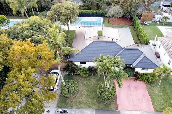 a view of a yard with plants and large trees