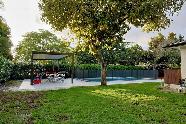 a view of a park with swings