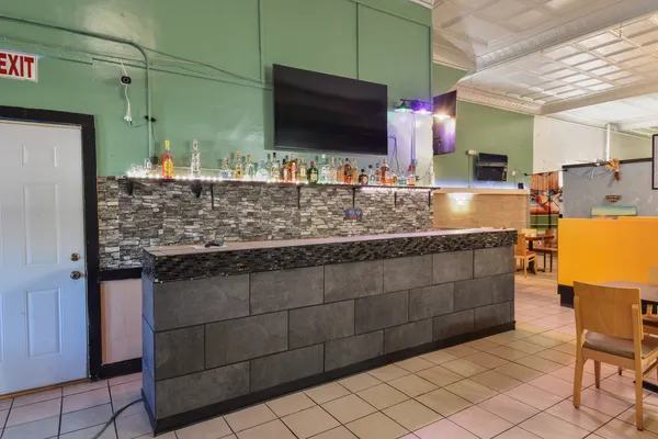 a lobby with furniture