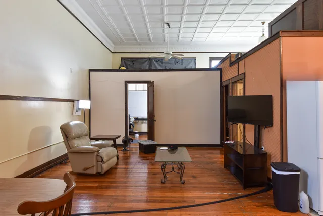 a living room with a fireplace