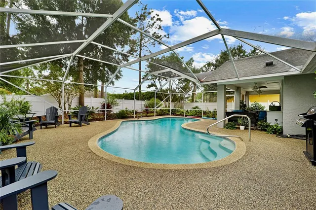 a view of a swimming pool with a patio and a fountain