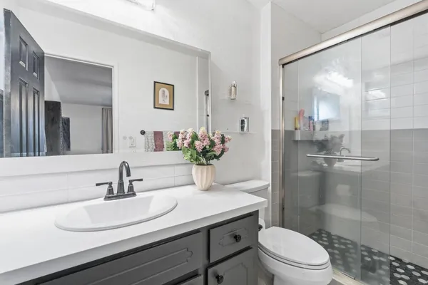a bathroom with a sink a toilet and shower