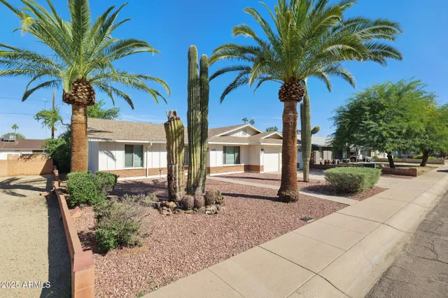 a view of a house with a yard and palm trees