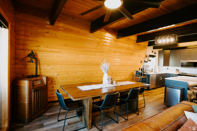 1413 Basel Drive Midway, UT 84049 - Photo 22 of 137 Dining area featuring a wooden ceiling with exposed beams, wood walls, light wood-style floors, and a ceiling fan