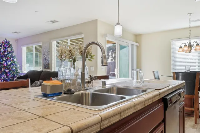 a kitchen with a sink and a potted plant