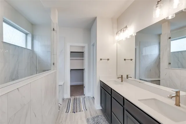 a bathroom with a sink a mirror and a shower