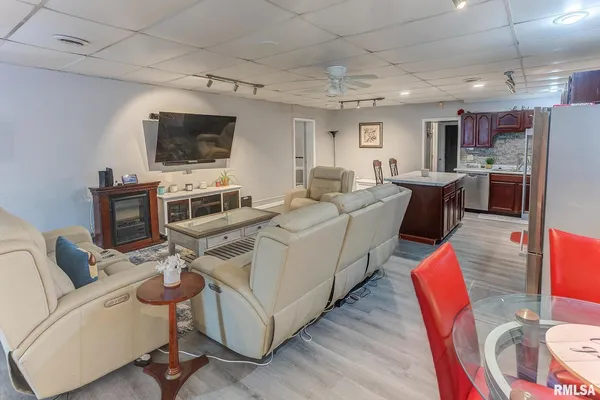 a living room with furniture and a table