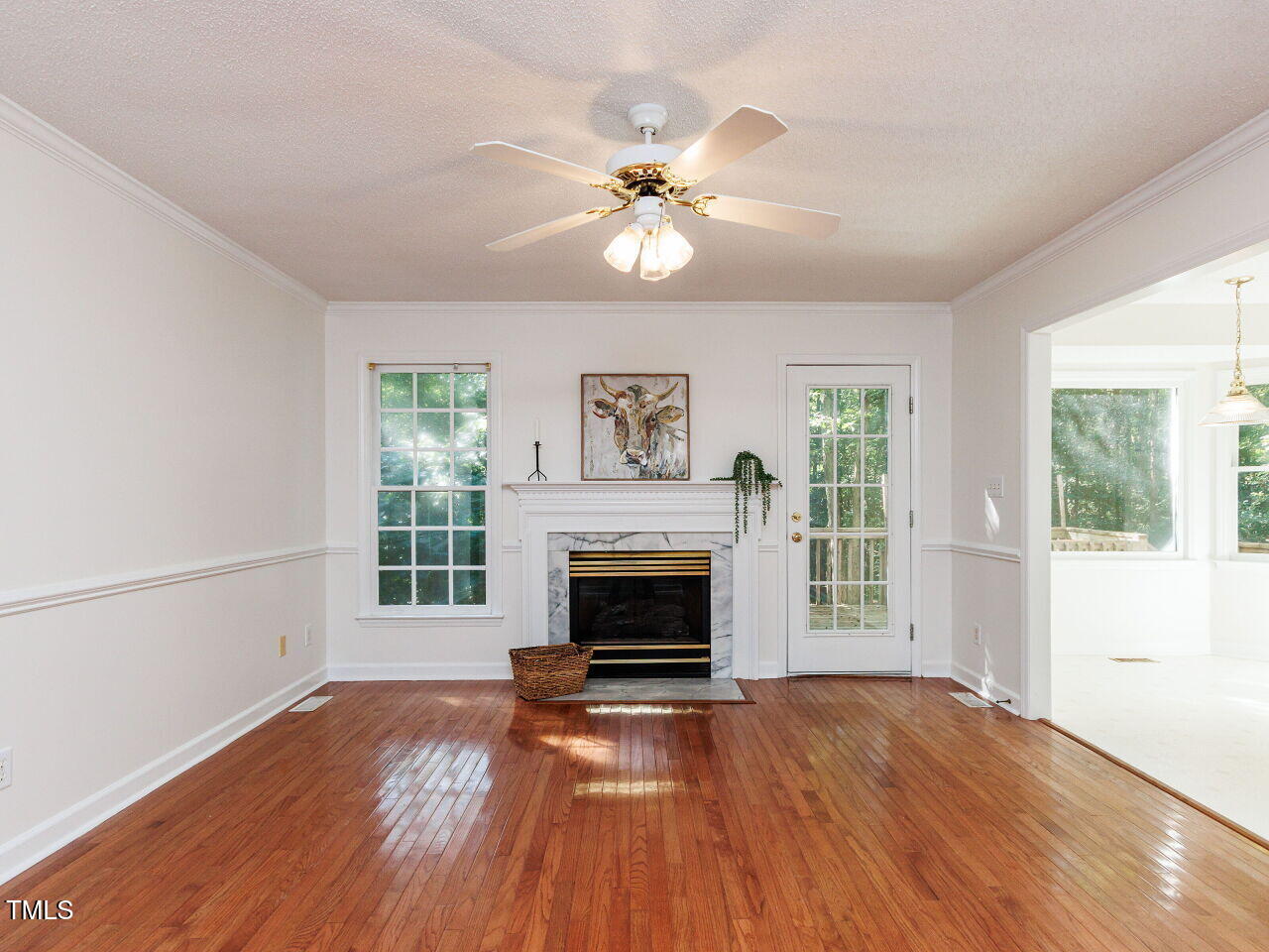 216 Deep Pool Court Benson, NC 27504 - Photo 4 of 37 an empty room with windows fireplace and wooden floor