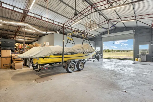 a view of a garage with storage