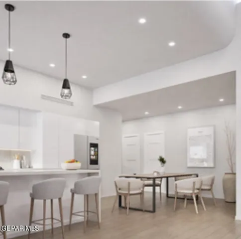 a view of a dining room with furniture