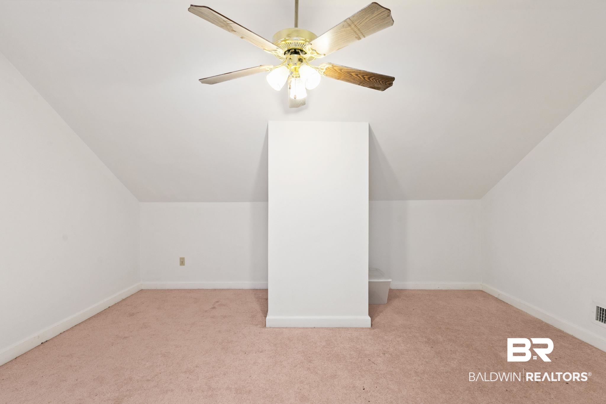 927 Cleveland Road Saraland, AL 36571 - Photo 46 of 80 Carpeted room featuring a ceiling fan with light fixture, sloped ceiling, and a built-in architectural element