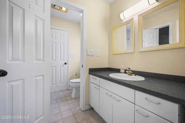 a bathroom with a sink a toilet and a mirror