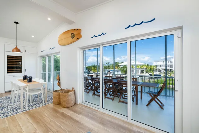 a room with lots of table and a large window