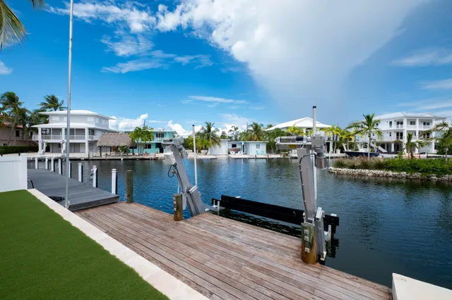 a view of a lake with boats and a yard