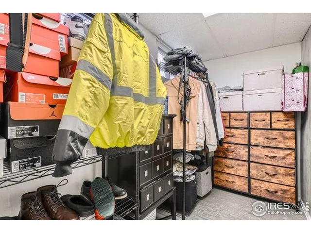 a view of a bedroom with furniture and closet