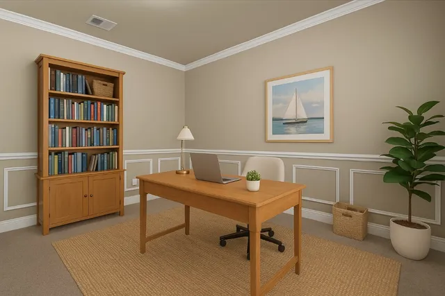 a view of a workspace with furniture and a potted plant