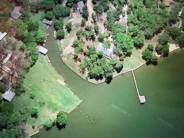 an aerial view of a residential houses with outdoor space and trees
