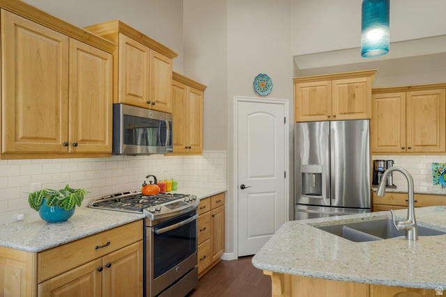 1587 Whitestone Drive St. George, UT 84790 - Photo 10 of 36 Kitchen featuring light wood cabinetry, stainless steel appliances, light speckled countertops, subway tile backsplash, and a double basin sink with a gooseneck faucet