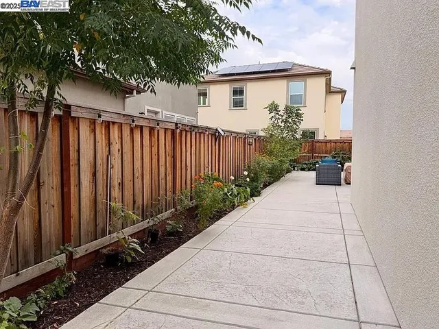 a view of a backyard with pathway