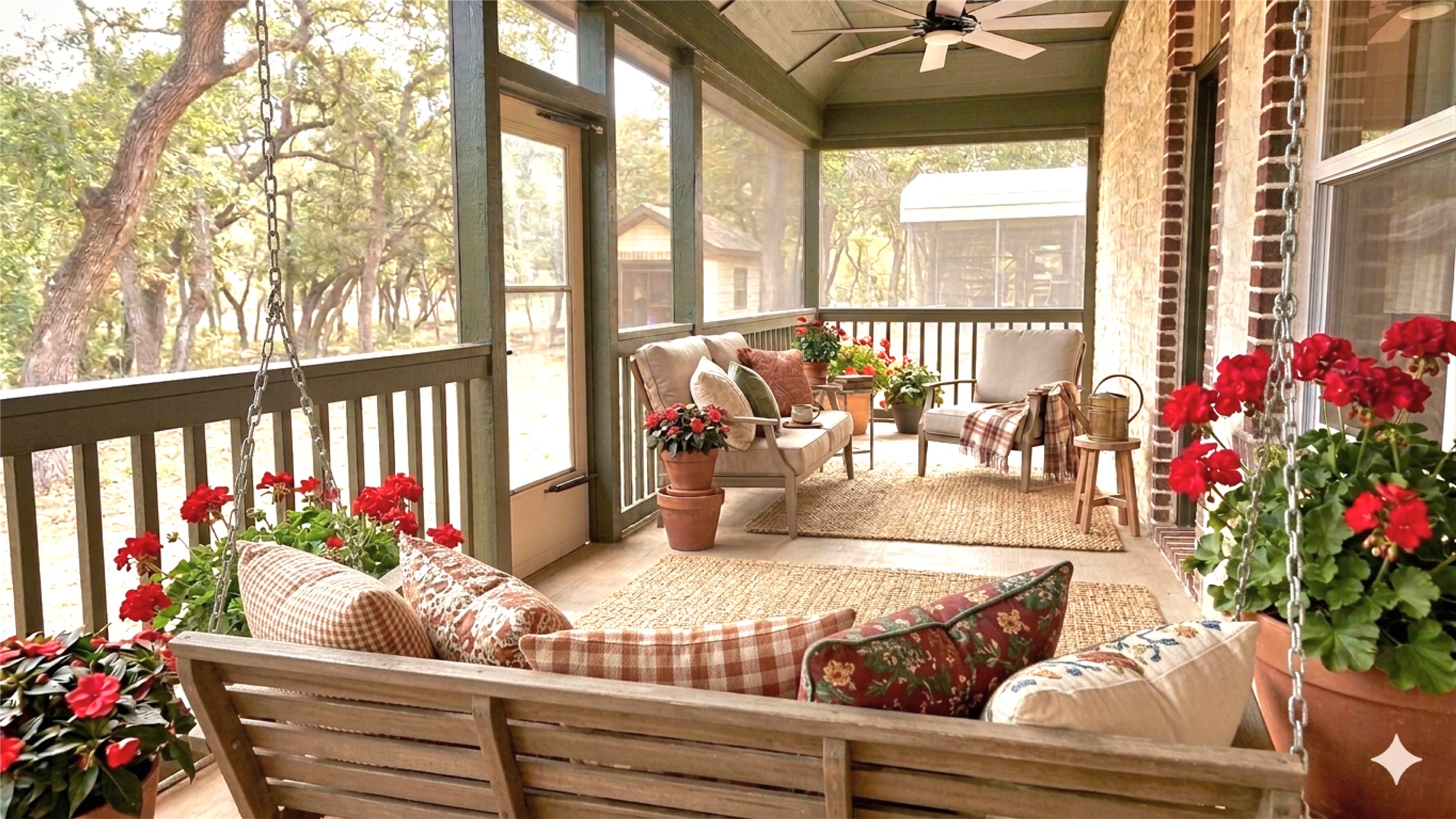 1301 County Road 262 Georgetown, TX 78633 - Photo 13 of 39 Screened porch featuring a wood-slat porch swing, concrete flooring, and a ceiling fan