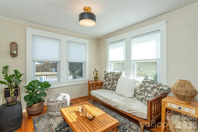 a living room with furniture and a potted plant