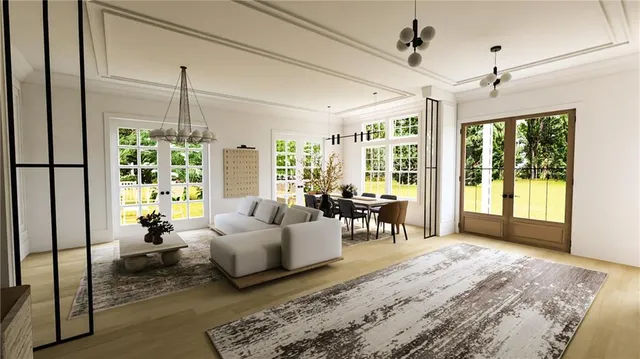 a living room with furniture large windows and wooden floor