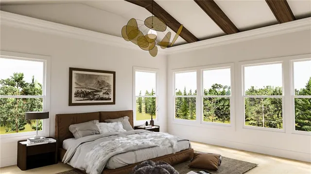 a bedroom with a bed and a large window with the outer view