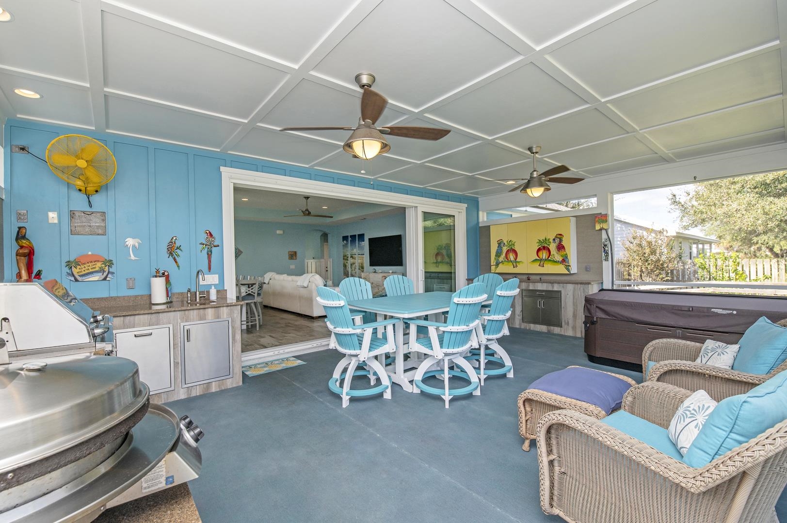6056 Costanero Road St. Augustine, FL 32080 - Photo 20 of 30 View of patio with a hot tub, an outdoor kitchen / dining area, and ceiling fan