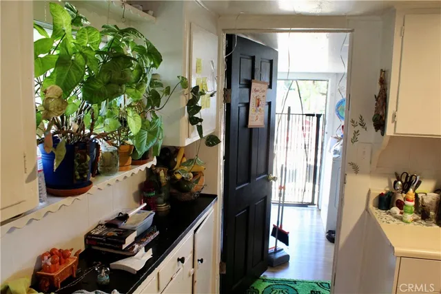 a view of a hallway with wooden floor and a potted plant