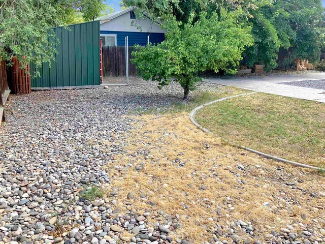 a view of a backyard with pathway