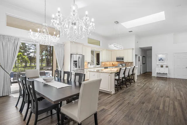 a kitchen with lots of counter top space and dining table