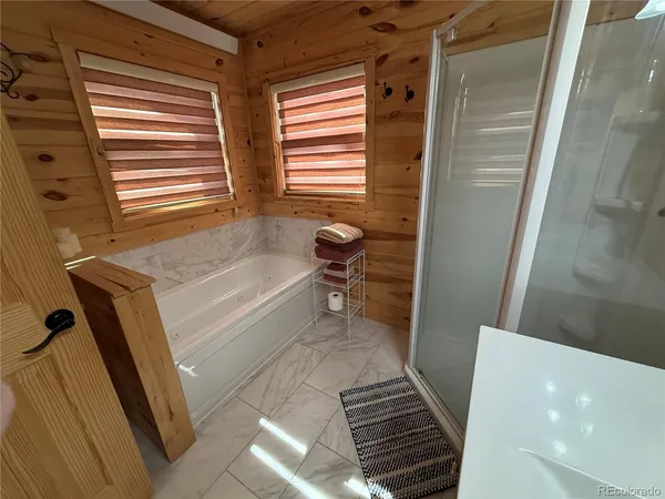 a bathroom with a bathtub and a shower
