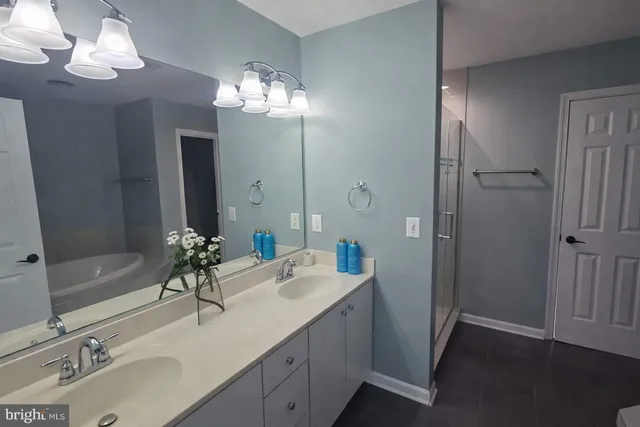 a bathroom with a sink double vanity and a mirror