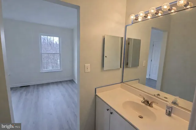 a bathroom with a sink vanity and a mirror