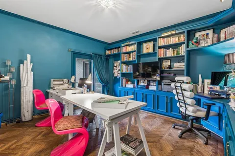 a view of a dining room with furniture
