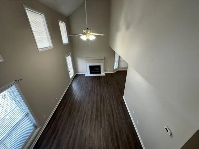 a view of a livingroom with wooden floor