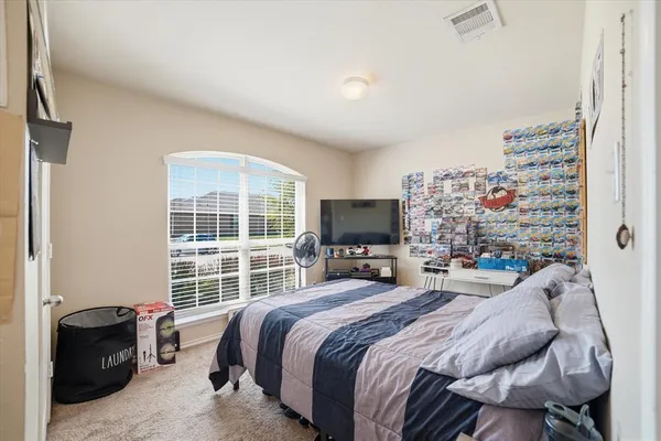 a bedroom with a bed and a television