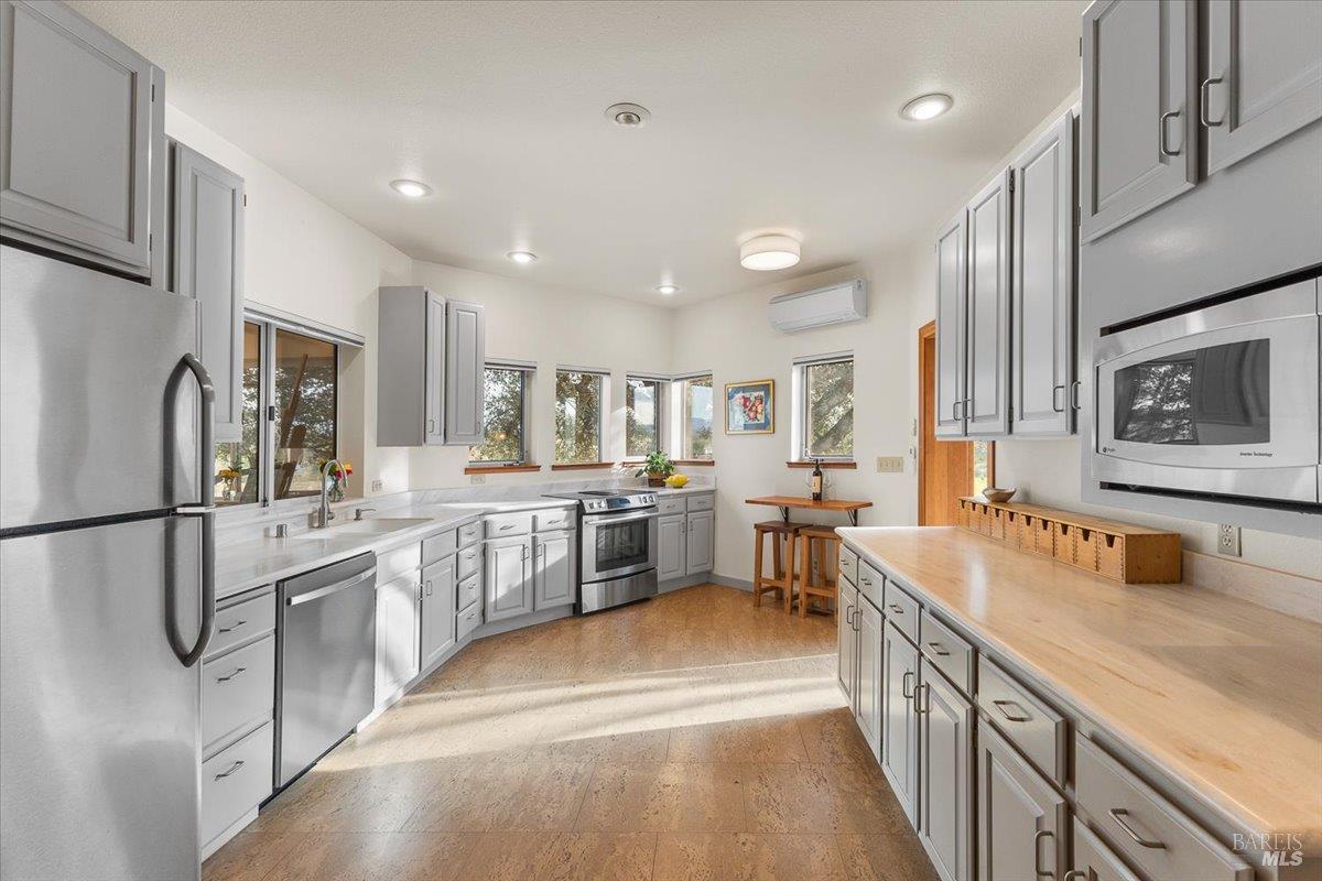 910-920 Lytton Springs Road Healdsburg, CA 95448 - Photo 12 of 59 a kitchen with stainless steel appliances granite countertop a refrigerator a sink dishwasher a oven with white cabinets and wooden floor
