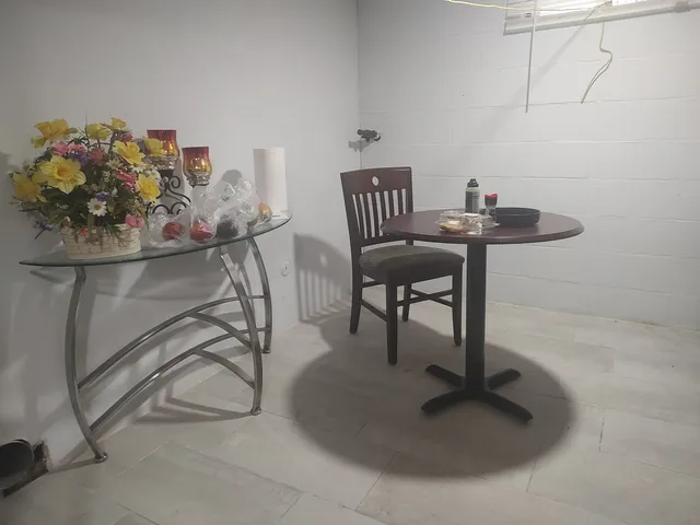 a dining room with furniture and a potted plant