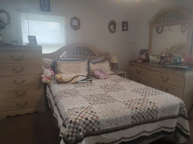 a bedroom with a bed and a dresser