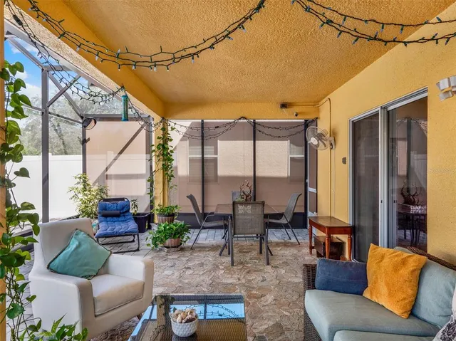 a building outdoor space with patio furniture