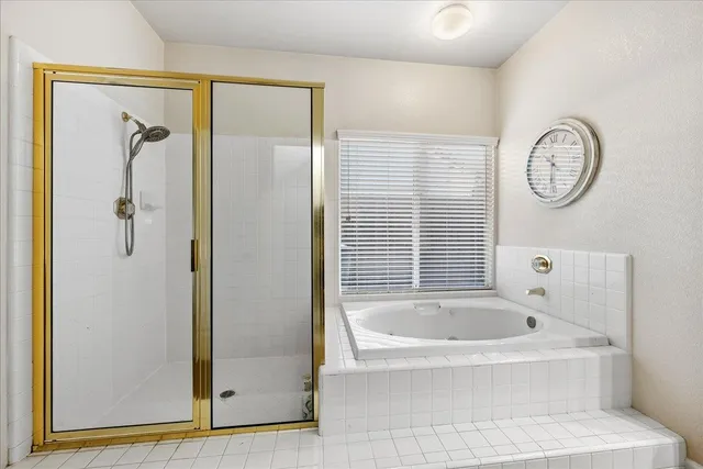 a bathroom with a bathtub and a shower