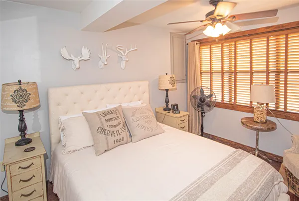 a bedroom with a large bed and a window